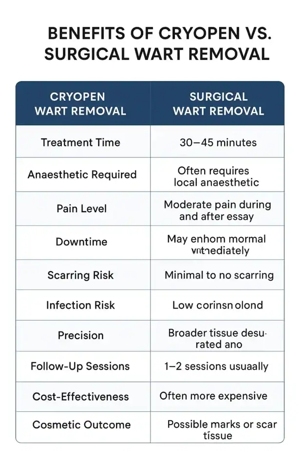 Table showing the benefits of cryopen to remove warts Epping compared to surgical treatment